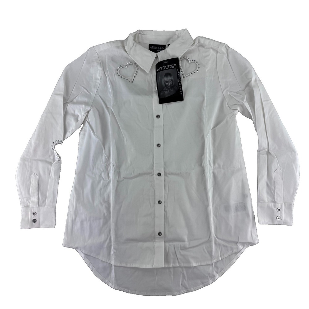 Attitudes by Renee Woven Heart Cutout Button Front Shirt Small White